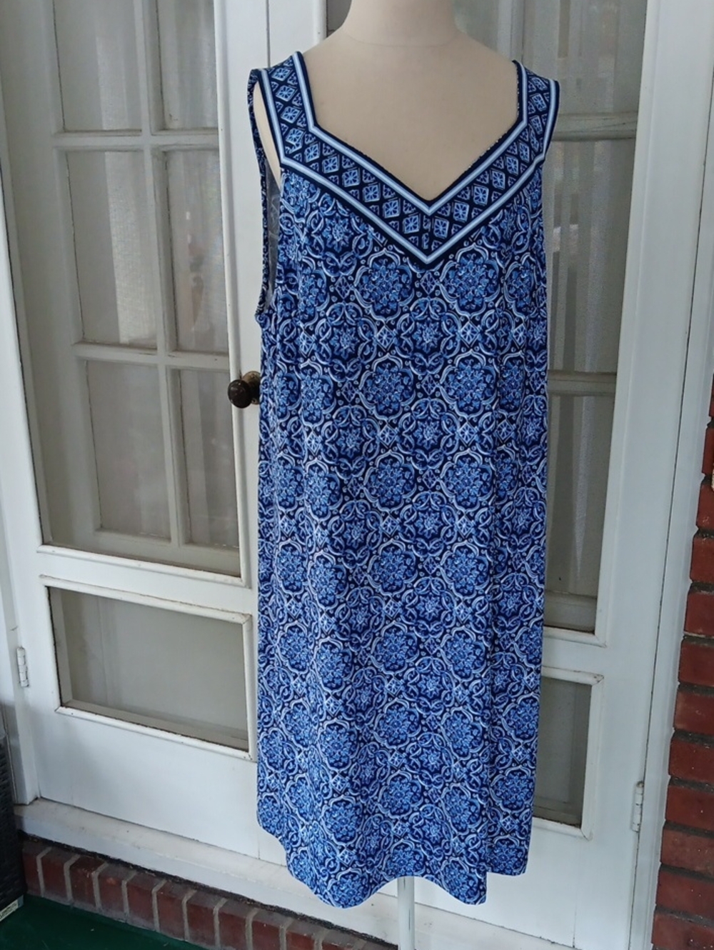 Talbots Effortless SummerJersey Shift DressPainted Tiles Blue Sleeveless XL NWT